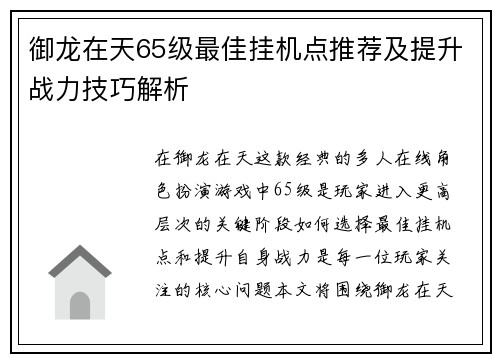 御龙在天65级最佳挂机点推荐及提升战力技巧解析
